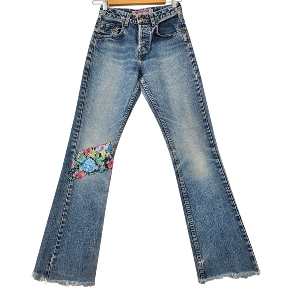 Silver Jeans Denim - Vintage 90's Silver Jeans 34x30 Suki Bootcut Women's Button Fly Floral Patch Y2K